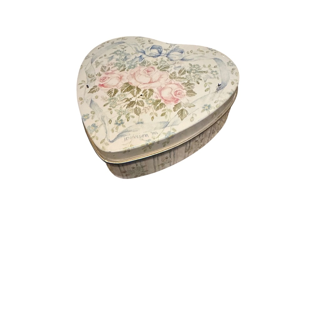 Vintage Keller Charles Philadelphia Heart Tin J Pearson Floral Roses Blue Ribbon